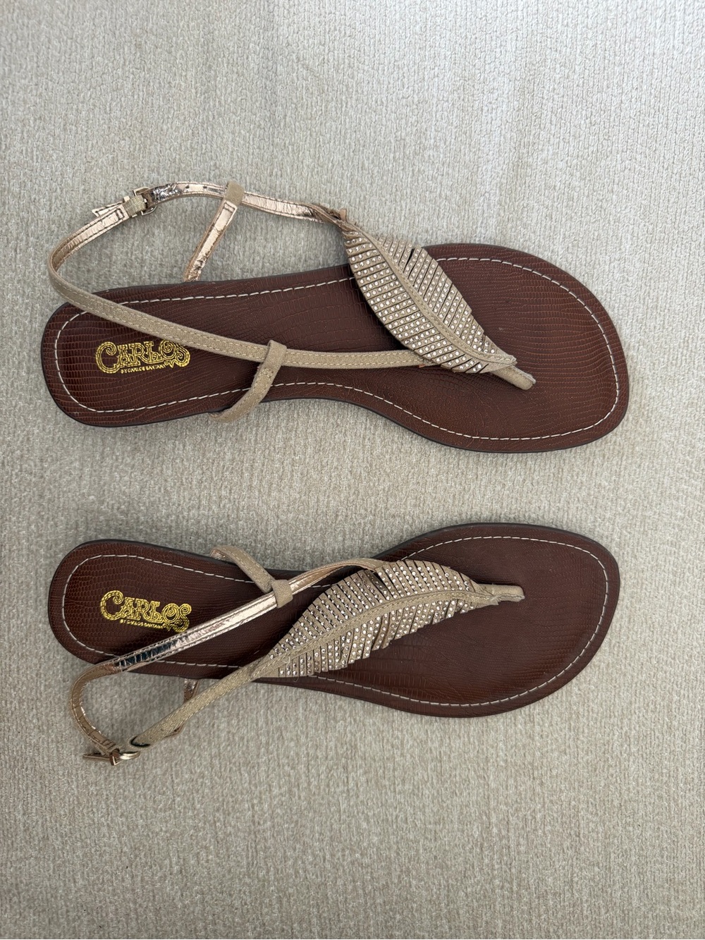 Carlos by Carlos Santana Gold Leaf Embellished T-Strap Sandals